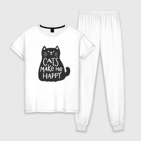 Женская пижама хлопок с принтом Cat make me happy в Белгороде, 100% хлопок | брюки и футболка прямого кроя, без карманов, на брюках мягкая резинка на поясе и по низу штанин | animal | cat | cat make me happy | животное | зверь | кот | кот делает меня счастливым | кошка | надписи