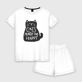 Женская пижама с шортиками хлопок с принтом Cat make me happy в Белгороде, 100% хлопок | футболка прямого кроя, шорты свободные с широкой мягкой резинкой | animal | cat | cat make me happy | животное | зверь | кот | кот делает меня счастливым | кошка | надписи
