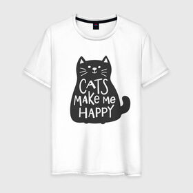 Мужская футболка хлопок с принтом Cat make me happy в Белгороде, 100% хлопок | прямой крой, круглый вырез горловины, длина до линии бедер, слегка спущенное плечо. | animal | cat | cat make me happy | животное | зверь | кот | кот делает меня счастливым | кошка | надписи