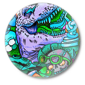 Значок с принтом Рекс динозавр в Белгороде,  металл | круглая форма, металлическая застежка в виде булавки | динозавры | инопланетянин | космос | монстры | существа | тираннозавр