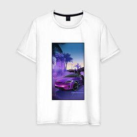 Мужская футболка хлопок с принтом Тесла в фиолетовом закате в Белгороде, 100% хлопок | прямой крой, круглый вырез горловины, длина до линии бедер, слегка спущенное плечо. | арт | закат | иллюстрация | машина | пальмы | тень | тесла | фиолетовый | фотошоп