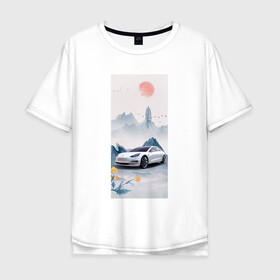 Мужская футболка хлопок Oversize с принтом Тесла в японском стиле в Белгороде, 100% хлопок | свободный крой, круглый ворот, “спинка” длиннее передней части | белый | горы | красный | машина | птицы | синий | солнце | тесла | фотошоп | цветы | япония