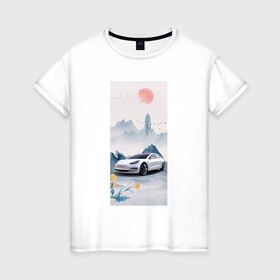Женская футболка хлопок с принтом Тесла в японском стиле в Белгороде, 100% хлопок | прямой крой, круглый вырез горловины, длина до линии бедер, слегка спущенное плечо | белый | горы | красный | машина | птицы | синий | солнце | тесла | фотошоп | цветы | япония
