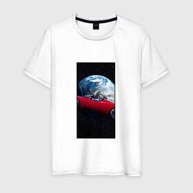 Мужская футболка хлопок с принтом Тесла в космосе в Белгороде, 100% хлопок | прямой крой, круглый вырез горловины, длина до линии бедер, слегка спущенное плечо. | звезды | земля | космонавт | космос | красный | машина | облака | тесла