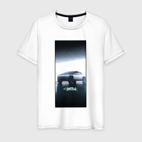 Мужская футболка хлопок с принтом Кибертрак в Белгороде, 100% хлопок | прямой крой, круглый вырез горловины, длина до линии бедер, слегка спущенное плечо. | будущее | гараж | иллюстрация | кибертрак | машина | тень | тесла | фары | фотошоп