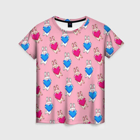 Женская футболка 3D с принтом Love Bunny в Белгороде, 100% полиэфир ( синтетическое хлопкоподобное полотно) | прямой крой, круглый вырез горловины, длина до линии бедер | 14 февраля | baby | bunny | kawaii | love | love is | love you | rabbit | валентинка | влюбленные | девушка | жена | животные | зайчики | заяц | игрушка | кавайный | кролик | лучшая | любимая | люблю | любовь | малыш | подарок