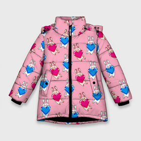 Зимняя куртка для девочек 3D с принтом Love Bunny в Белгороде, ткань верха — 100% полиэстер; подклад — 100% полиэстер, утеплитель — 100% полиэстер. | длина ниже бедра, удлиненная спинка, воротник стойка и отстегивающийся капюшон. Есть боковые карманы с листочкой на кнопках, утяжки по низу изделия и внутренний карман на молнии. 

Предусмотрены светоотражающий принт на спинке, радужный светоотражающий элемент на пуллере молнии и на резинке для утяжки. | Тематика изображения на принте: 14 февраля | baby | bunny | kawaii | love | love is | love you | rabbit | валентинка | влюбленные | девушка | жена | животные | зайчики | заяц | игрушка | кавайный | кролик | лучшая | любимая | люблю | любовь | малыш | подарок