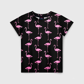 Детская футболка 3D с принтом Фламинго | Чёрная в Белгороде, 100% гипоаллергенный полиэфир | прямой крой, круглый вырез горловины, длина до линии бедер, чуть спущенное плечо, ткань немного тянется | Тематика изображения на принте: birds | drawing | fashion | feathers | flamingo | graphics | illustration | pink | stand | style | wings | youth | графика | иллюстрация | картинка | клюв | красивые | крылья | мода | молодежная | перья | птицы | рисунок | розовый | стиль | стоят