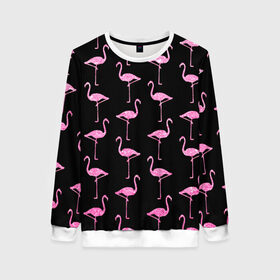 Женский свитшот 3D с принтом Фламинго | Чёрная в Белгороде, 100% полиэстер с мягким внутренним слоем | круглый вырез горловины, мягкая резинка на манжетах и поясе, свободная посадка по фигуре | birds | drawing | fashion | feathers | flamingo | graphics | illustration | pink | stand | style | wings | youth | графика | иллюстрация | картинка | клюв | красивые | крылья | мода | молодежная | перья | птицы | рисунок | розовый | стиль | стоят