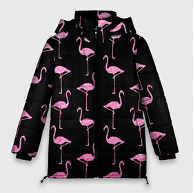 Женская зимняя куртка 3D с принтом Фламинго | Чёрная в Белгороде, верх — 100% полиэстер; подкладка — 100% полиэстер; утеплитель — 100% полиэстер | длина ниже бедра, силуэт Оверсайз. Есть воротник-стойка, отстегивающийся капюшон и ветрозащитная планка. 

Боковые карманы с листочкой на кнопках и внутренний карман на молнии | birds | drawing | fashion | feathers | flamingo | graphics | illustration | pink | stand | style | wings | youth | графика | иллюстрация | картинка | клюв | красивые | крылья | мода | молодежная | перья | птицы | рисунок | розовый | стиль | стоят