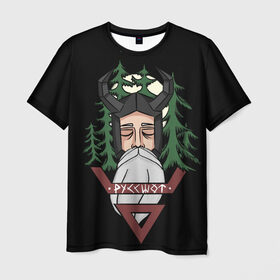 Мужская футболка 3D с принтом Велес в Белгороде, 100% полиэфир | прямой крой, круглый вырез горловины, длина до линии бедер | боги | борода | велес | викинги | деревья | лес | мифология | перун | природа | рога | руны