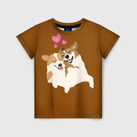 Детская футболка 3D с принтом Корги в Белгороде, 100% гипоаллергенный полиэфир | прямой крой, круглый вырез горловины, длина до линии бедер, чуть спущенное плечо, ткань немного тянется | для него | для нее | любовь | мило | постель | приколы | сердечки. | собаки | счастье