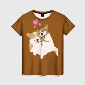Женская футболка 3D с принтом Корги в Белгороде, 100% полиэфир ( синтетическое хлопкоподобное полотно) | прямой крой, круглый вырез горловины, длина до линии бедер | для него | для нее | любовь | мило | постель | приколы | сердечки. | собаки | счастье