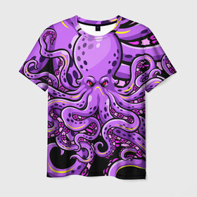 Мужская футболка 3D с принтом Кровожадный осьминог в Белгороде, 100% полиэфир | прямой крой, круглый вырез горловины, длина до линии бедер | Тематика изображения на принте: art | octopus | арт | глаза | голова | животные | красные | монстр | осьминог | щупальца