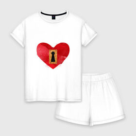 Женская пижама с шортиками хлопок с принтом Замочек в Белгороде, 100% хлопок | футболка прямого кроя, шорты свободные с широкой мягкой резинкой | акварель | девушка | замок.парные | любовь | сердце