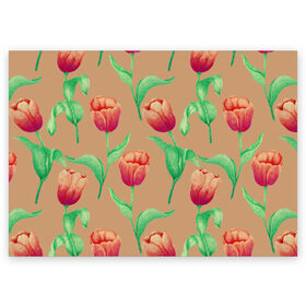 Поздравительная открытка с принтом Тюльпаны на бежевом фоне в Белгороде, 100% бумага | плотность бумаги 280 г/м2, матовая, на обратной стороне линовка и место для марки
 | 8 марта | flowers | march 8 | spring | ботаническая иллюстрация | весна | день рождения | зеленый | красный | лето | любовь | оранжевый | праздник | принт | природа | растения | тюльпаны | цветы