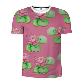 Мужская футболка 3D спортивная с принтом Лотосы на розовом фоне в Белгороде, 100% полиэстер с улучшенными характеристиками | приталенный силуэт, круглая горловина, широкие плечи, сужается к линии бедра | 8 марта | flowers | march 8 | spring | ботаническая иллюстрация | весна | водяные лилии | день рождения | зеленый | лето | лотосы | любовь | праздник | принт | природа | растения | розовый | цветы
