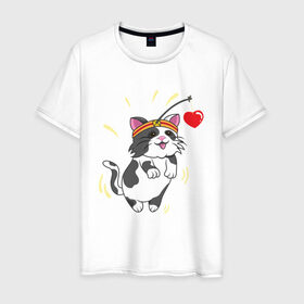 Мужская футболка хлопок с принтом Котик (День Святого Валентина) в Белгороде, 100% хлопок | прямой крой, круглый вырез горловины, длина до линии бедер, слегка спущенное плечо. | angel | cat | cats | day | heart | love | romantic | valentine | valentines | амур | ангел | валентина | влюбленные | влюбленных | всех | день | кот | котик | кошка | купидон | любовь | романтика | романтичность | святого | сердечки | се