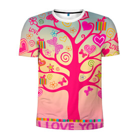 Мужская футболка 3D спортивная с принтом Дерево любви признание в Белгороде, 100% полиэстер с улучшенными характеристиками | приталенный силуэт, круглая горловина, широкие плечи, сужается к линии бедра | бабочки | дерево | деревце | любовь | признание | розовый | романтика | сердечки | цветочки