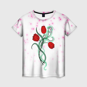 Женская футболка 3D с принтом Весенний вальс в Белгороде, 100% полиэфир ( синтетическое хлопкоподобное полотно) | прямой крой, круглый вырез горловины, длина до линии бедер | 8 марта | love | tulips | алые | бабушка | букет | бутоны | весна | девушке | дочь | жена | женщинам | красные цветы | лепестки | лето | листья | лучшая | любимая | любовь | мама | подарок | природа