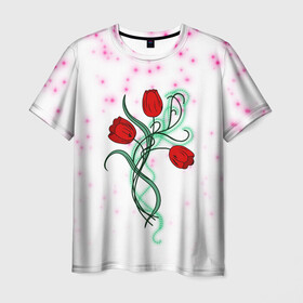 Мужская футболка 3D с принтом Весенний вальс в Белгороде, 100% полиэфир | прямой крой, круглый вырез горловины, длина до линии бедер | 8 марта | love | tulips | алые | бабушка | букет | бутоны | весна | девушке | дочь | жена | женщинам | красные цветы | лепестки | лето | листья | лучшая | любимая | любовь | мама | подарок | природа