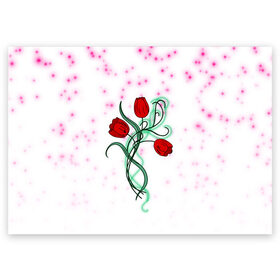 Поздравительная открытка с принтом Весенний вальс в Белгороде, 100% бумага | плотность бумаги 280 г/м2, матовая, на обратной стороне линовка и место для марки
 | 8 марта | love | tulips | алые | бабушка | букет | бутоны | весна | девушке | дочь | жена | женщинам | красные цветы | лепестки | лето | листья | лучшая | любимая | любовь | мама | подарок | природа