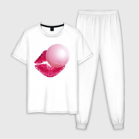 Мужская пижама хлопок с принтом BubbleGum Lips в Белгороде, 100% хлопок | брюки и футболка прямого кроя, без карманов, на брюках мягкая резинка на поясе и по низу штанин
 | Тематика изображения на принте: bubble | bubblegum | day | gum | heart | kiss | lips | love | romantic | valentine | valentines | амур | валентина | влюбленные | влюбленных | всех | губы | день | жвачка | любовь | поцелуй | романтика | романтичность | святого | сердечк