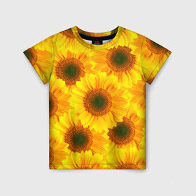 Детская футболка 3D с принтом Принт подсолнухи желтый в Белгороде, 100% гипоаллергенный полиэфир | прямой крой, круглый вырез горловины, длина до линии бедер, чуть спущенное плечо, ткань немного тянется | Тематика изображения на принте: желтый | лето | подсолнухи | солнце | цветение | цветы