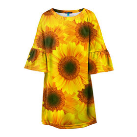 Детское платье 3D с принтом Принт подсолнухи желтый в Белгороде, 100% полиэстер | прямой силуэт, чуть расширенный к низу. Круглая горловина, на рукавах — воланы | желтый | лето | подсолнухи | солнце | цветение | цветы