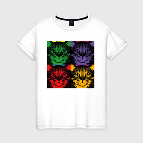 Женская футболка хлопок с принтом Коты в Белгороде, 100% хлопок | прямой крой, круглый вырез горловины, длина до линии бедер, слегка спущенное плечо | cat | popcat | кот | котик | кошка | кошки | разноцветные коты | смешные коты