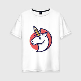 Женская футболка хлопок Oversize с принтом Единорог с карандашом в Белгороде, 100% хлопок | свободный крой, круглый ворот, спущенный рукав, длина до линии бедер
 | horse | pegasus | pencil | unicorn | единорог | карандаш | конь | лошадь | пегас
