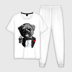 Мужская пижама хлопок с принтом The Dogfather в Белгороде, 100% хлопок | брюки и футболка прямого кроя, без карманов, на брюках мягкая резинка на поясе и по низу штанин
 | bulldog | dogfather | godfather | movie | pug | бульдог | крестный отец | мопс | фильм
