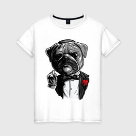 Женская футболка хлопок с принтом The Dogfather в Белгороде, 100% хлопок | прямой крой, круглый вырез горловины, длина до линии бедер, слегка спущенное плечо | bulldog | dogfather | godfather | movie | pug | бульдог | крестный отец | мопс | фильм