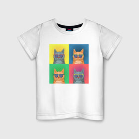 Детская футболка хлопок с принтом Pop Cat в Белгороде, 100% хлопок | круглый вырез горловины, полуприлегающий силуэт, длина до линии бедер | art | cat | colorful | mem | meme | memes | music | pop | rainbow | retro | style | арт | буп | кот | котенок | котик | котэ | краски | красочный | мем | мемы | музыка | ретро
