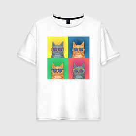 Женская футболка хлопок Oversize с принтом Pop Cat в Белгороде, 100% хлопок | свободный крой, круглый ворот, спущенный рукав, длина до линии бедер
 | art | cat | colorful | mem | meme | memes | music | pop | rainbow | retro | style | арт | буп | кот | котенок | котик | котэ | краски | красочный | мем | мемы | музыка | ретро