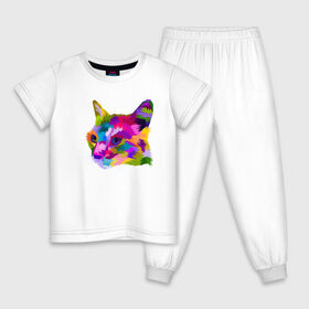 Детская пижама хлопок с принтом Pop Cat в Белгороде, 100% хлопок |  брюки и футболка прямого кроя, без карманов, на брюках мягкая резинка на поясе и по низу штанин
 | Тематика изображения на принте: art | cat | colorful | mem | meme | memes | music | pop | rainbow | retro | style | арт | буп | кот | котенок | котик | котэ | краски | красочный | мем | мемы | музыка | ретро