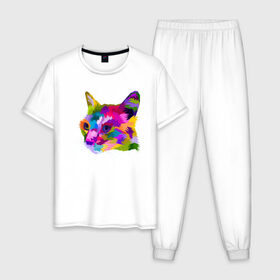 Мужская пижама хлопок с принтом Pop Cat в Белгороде, 100% хлопок | брюки и футболка прямого кроя, без карманов, на брюках мягкая резинка на поясе и по низу штанин
 | art | cat | colorful | mem | meme | memes | music | pop | rainbow | retro | style | арт | буп | кот | котенок | котик | котэ | краски | красочный | мем | мемы | музыка | ретро