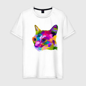 Мужская футболка хлопок с принтом Pop Cat в Белгороде, 100% хлопок | прямой крой, круглый вырез горловины, длина до линии бедер, слегка спущенное плечо. | art | cat | colorful | mem | meme | memes | music | pop | rainbow | retro | style | арт | буп | кот | котенок | котик | котэ | краски | красочный | мем | мемы | музыка | ретро