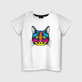 Детская футболка хлопок с принтом Pop Cat в Белгороде, 100% хлопок | круглый вырез горловины, полуприлегающий силуэт, длина до линии бедер | art | cat | colorful | mem | meme | memes | music | pop | rainbow | retro | style | арт | буп | кот | котенок | котик | котэ | краски | красочный | мем | мемы | музыка | ретро
