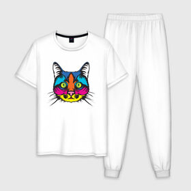Мужская пижама хлопок с принтом Pop Cat в Белгороде, 100% хлопок | брюки и футболка прямого кроя, без карманов, на брюках мягкая резинка на поясе и по низу штанин
 | art | cat | colorful | mem | meme | memes | music | pop | rainbow | retro | style | арт | буп | кот | котенок | котик | котэ | краски | красочный | мем | мемы | музыка | ретро