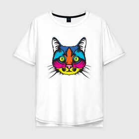 Мужская футболка хлопок Oversize с принтом Pop Cat в Белгороде, 100% хлопок | свободный крой, круглый ворот, “спинка” длиннее передней части | art | cat | colorful | mem | meme | memes | music | pop | rainbow | retro | style | арт | буп | кот | котенок | котик | котэ | краски | красочный | мем | мемы | музыка | ретро