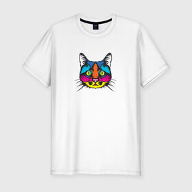 Мужская футболка хлопок Slim с принтом Pop art Cat в Белгороде, 92% хлопок, 8% лайкра | приталенный силуэт, круглый вырез ворота, длина до линии бедра, короткий рукав | art | cat | colors | paints | pop | riot | арт | буйство | буп | кот | кошка | краски | поп