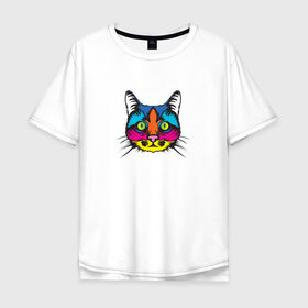 Мужская футболка хлопок Oversize с принтом Pop art Cat в Белгороде, 100% хлопок | свободный крой, круглый ворот, “спинка” длиннее передней части | Тематика изображения на принте: art | cat | colors | paints | pop | riot | арт | буйство | буп | кот | кошка | краски | поп