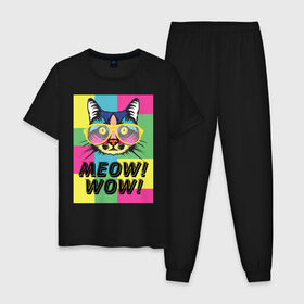 Мужская пижама хлопок с принтом Pop Cat | Meow Wow! в Белгороде, 100% хлопок | брюки и футболка прямого кроя, без карманов, на брюках мягкая резинка на поясе и по низу штанин
 | cat | kitty | meow | popcat | wow | кот | кошка | мяв | мяу | поп кет | поп кошка