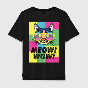 Мужская футболка хлопок Oversize с принтом Pop Cat | Meow Wow! в Белгороде, 100% хлопок | свободный крой, круглый ворот, “спинка” длиннее передней части | cat | kitty | meow | popcat | wow | кот | кошка | мяв | мяу | поп кет | поп кошка