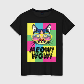 Женская футболка хлопок с принтом Pop Cat | Meow Wow! в Белгороде, 100% хлопок | прямой крой, круглый вырез горловины, длина до линии бедер, слегка спущенное плечо | cat | kitty | meow | popcat | wow | кот | кошка | мяв | мяу | поп кет | поп кошка