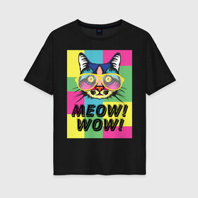 Женская футболка хлопок Oversize с принтом Pop Cat | Meow Wow! в Белгороде, 100% хлопок | свободный крой, круглый ворот, спущенный рукав, длина до линии бедер
 | cat | kitty | meow | popcat | wow | кот | кошка | мяв | мяу | поп кет | поп кошка