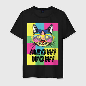 Мужская футболка хлопок с принтом Pop Cat | Meow Wow! в Белгороде, 100% хлопок | прямой крой, круглый вырез горловины, длина до линии бедер, слегка спущенное плечо. | cat | kitty | meow | popcat | wow | кот | кошка | мяв | мяу | поп кет | поп кошка
