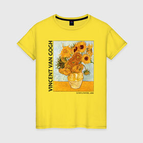 Женская футболка хлопок с принтом Подсолнухи (Винсент Ван Гог) в Белгороде, 100% хлопок | прямой крой, круглый вырез горловины, длина до линии бедер, слегка спущенное плечо | ван гог | винсент ван гог | желтый | живопись | изобразительное искусство | импрессионизм | искусство | подсолнухи | постимпрессионизм | цветы