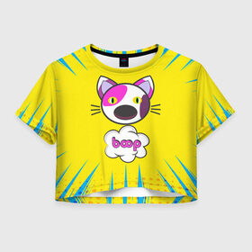 Женская футболка Crop-top 3D с принтом PoP CaT BooP в Белгороде, 100% полиэстер | круглая горловина, длина футболки до линии талии, рукава с отворотами | boom | meme | pop art | popping | бум | буп кот | котик | мем | поп арт | ретро | стиль